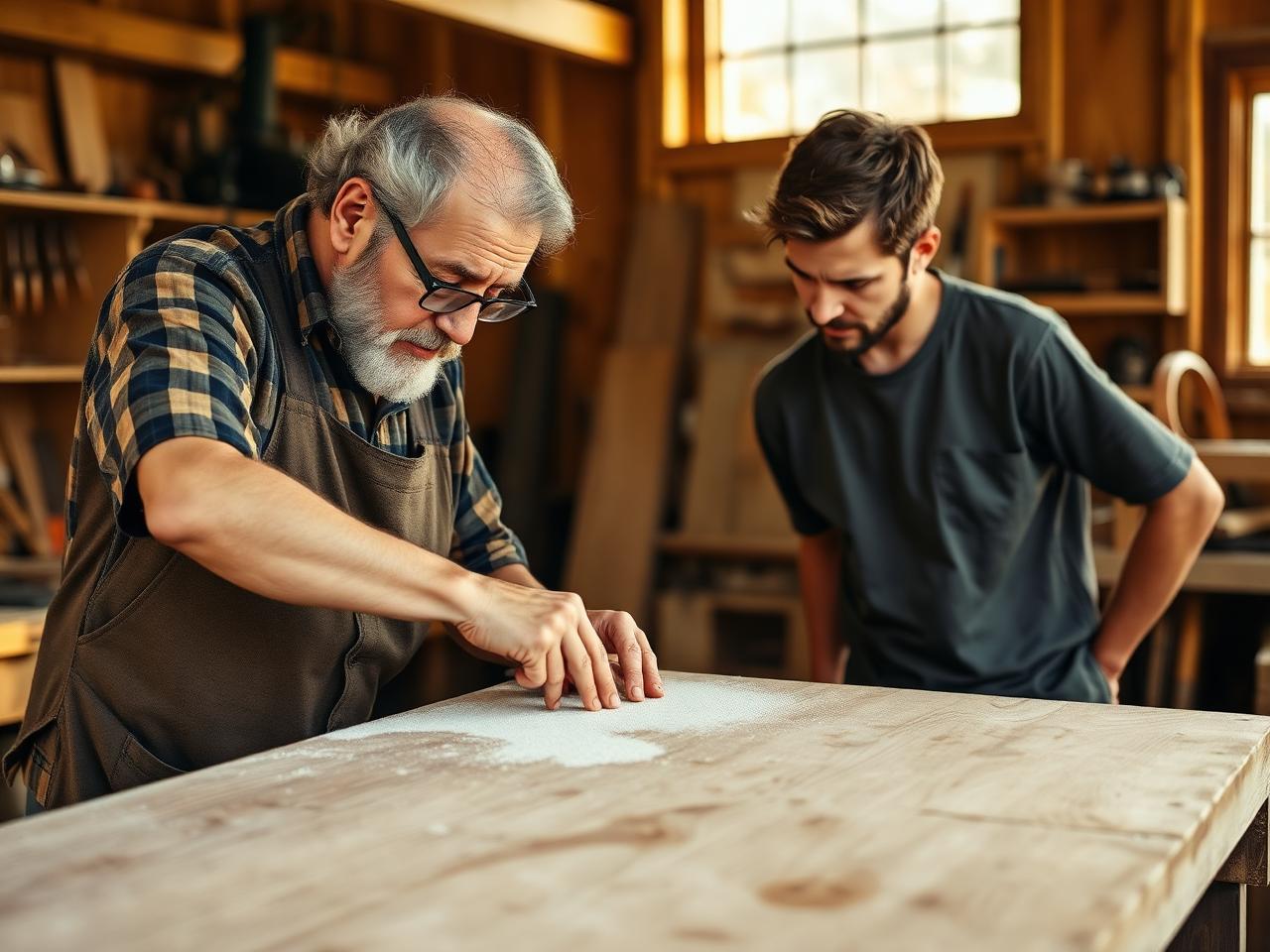 A mentor teaching an apprentice to restore a piece of furniture